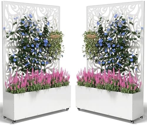 2PCS Metal Planter Box with Trellis,70.9"x47.2"x15.7" Raised Garden Bed with Drainage Holes, Privacy Planters for Outdoor Garden Bed for Climbing Plants,Vegetables,and Vines, White-Flower by FOLAWO