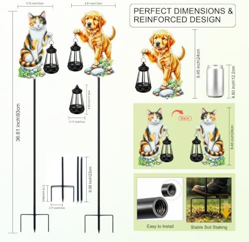 Solar Dog Cat Garden Stakes, 36.6" Metal Yard Art with Lantern 2 Pack - Image 2