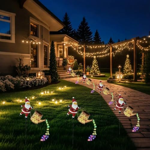 Christmas Pathway Lights Metal Stake Santa Watering Can Lantern - Image 2
