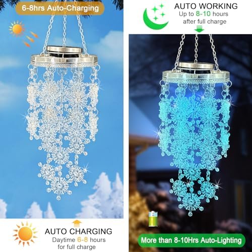 Christmas Wind Chimes for Outside,Solar Snowflakes Hanging Mobile Decor - Image 3