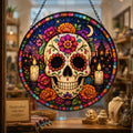 Day of the Dead Stained Glass Window Hanging, Colorful Sugar Skull Suncatcher with Floral, Mexico Gothic Skeleton Decor, Halloween Spooky Window Art, Dia de Los Muertos Home Decoration 11.81" by Unknown