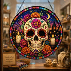 Day of the Dead Stained Glass Window Hanging, Colorful Sugar Skull Suncatcher with Floral, Mexico Gothic Skeleton Decor, Halloween Spooky Window Art, Dia de Los Muertos Home Decoration 11.81" by Unknown
