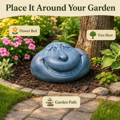 Funny Rock Garden Statue, Gray Stone-Look with Blue Eyes and Wide Grin - Image 6