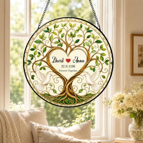 Personalized Anniversary Stained Glass Suncatcher, Tree of Life Couple Window Hanging Decor, Custom Anniversary Wedding Gift for Wife Husband Couple Keepsakes Love Birds Home Decor Bride Groom 11.81" - Image 3