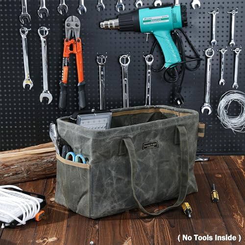 Canvas Tool Tote Bag | 16OZ Waxed Canvas Tool Carrying Bag - with 8 Pockets & Top Metal Support Rods, Rectangular Top Open Tool Tote Bag for Chisels Wrench Hammer Level | Army Green - Image 6
