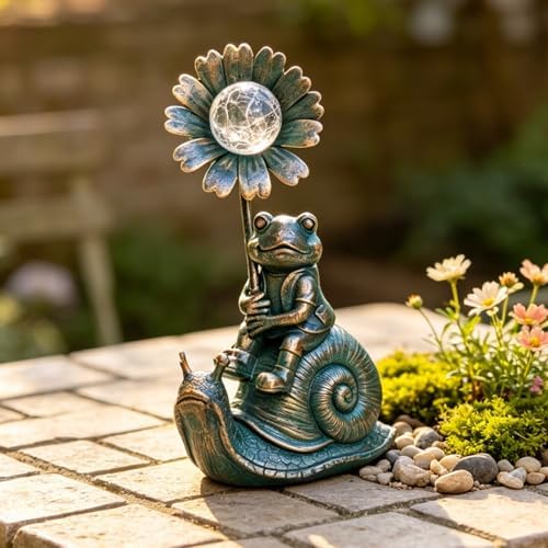 Solar Powered Frog on Snail Sculpture with Iron Flower & Glass Ball, Outdoor Garden Accent by Unknown