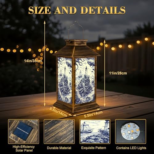 Solar Lantern Outdoor Waterproof Blue Deep Sea Toile Lighthouse Sailing Ships Octopus Whale Seagulls Garden Decor LED Solar Lights Hanging/Tabletop Lamp Gifts for Women Mom for Outside Yard Patio - Image 2