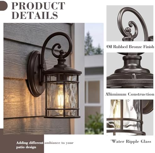 Emliviar Outdoor Porch Light Fixture, 12.4" Outside Wall Mount Lighting for Entryway, Exterior Wall Sconce Lamp with Water Ripple Glass, Oil Rubbed Bronze Finish, XE229BWG-S ORB - Image 3