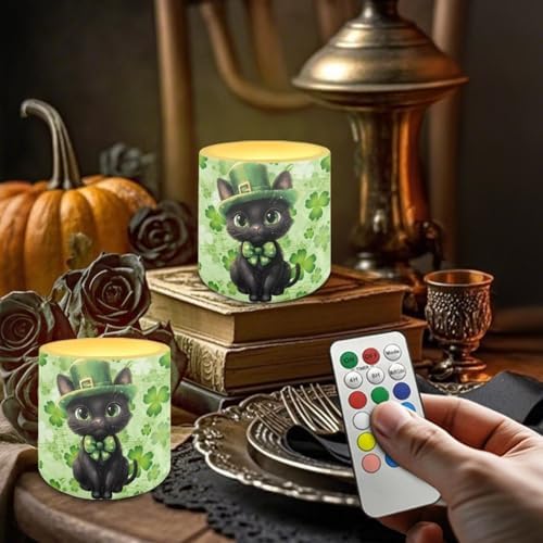 4Pcs St Patrick's Day Shamrocks Flameless Candles with Remote Battery Operated Candles with Timer, Cute Black Cat Pillar Tea Lights Bulk for Indoor Outdoor Home Decorations - Image 4