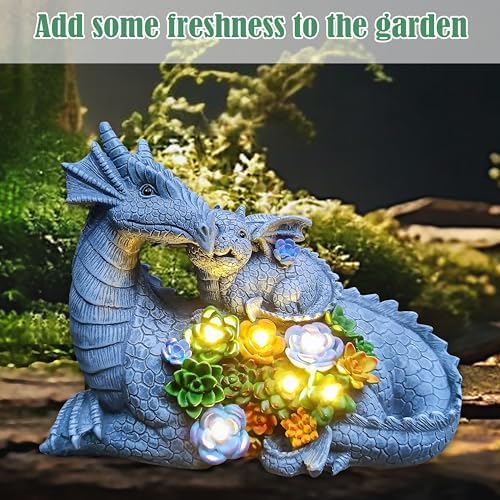 Dragon Solar Garden Statues Outdoor Decoration with Succulent and 6 LED Lights,Dragon Figurine Solar Lights Lawn Décor,Outside Statue Ornament for Patio, Balcony, Yard,Unique Gift for Mom - Image 6