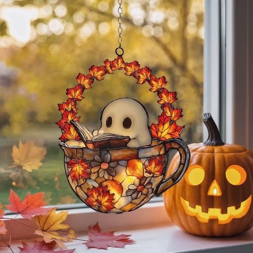 Autumn Ghost in Teacup Acrylic Suncatcher - Faux Stained Glass Indoor Window Hanging Ornament, Outdoor Sun Catcher Panel, Home Decor Gift for Ghost Lovers by Unknown