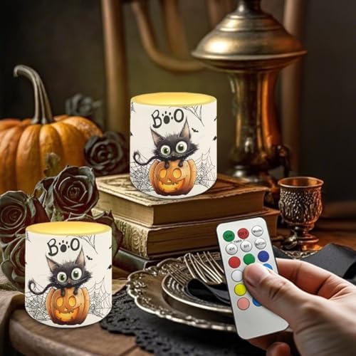 Halloween Day Candles Outdoor Waterproof Flameless Candle with Remote & Timer, Black Cat Battery Operated 3D LED Spider Web Pillar Candles for Hallowe'en Home Decor - Image 2