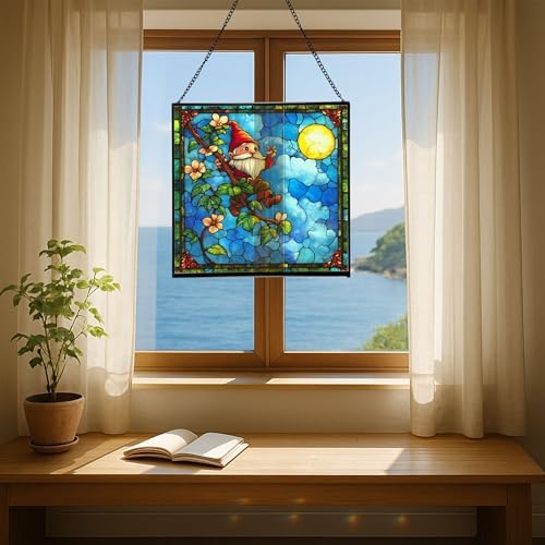 Glowing Vine Gnome Stained Glass Suncatcher – Square Hanging Window Panel for Home or Greenhouse – Whimsical Glass Art Gift for Garden Lovers, Christmas, Halloween, Father Days nPLiIr - Image 6