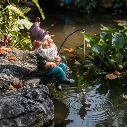 Garden Gnome Fishing Statue, 9.7" Koi Pond Decor with Glow in Dark Pebbles, Great Gift for Mom - Image 4