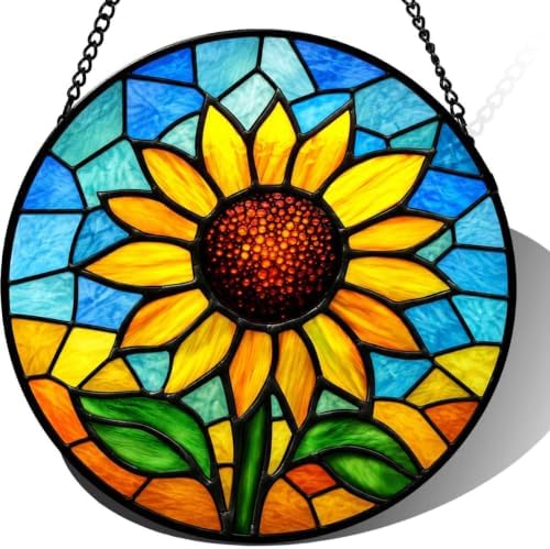 9.84 Inch Stained Glass Sunflower Suncatcher Window Hanging Floral Art Glass Decor for Home Unique Gift for Mom Grandma Her Garden Wall Ornament Vibrant Wall Art by Unknown