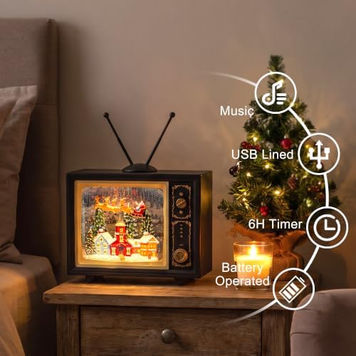 Vintage TV Christmas Snow Globe Lantern with Santa Sleigh and Christmas Village, Musical Lighted Water Lantern with Swirling Glitter, 6H Timer, USB Powered or Battery Operated, Tabletop Decor Gift - Image 2