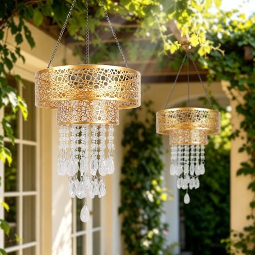 Solar Powered Hanging Chandelier Gold Metal Frame Acrylic Crystal Waterproof Outdoor Hanging Light for Patio, Wedding, Party, Garden Decor Rechargeable LED Pendant Lamp with Auto On/Off - Image 7
