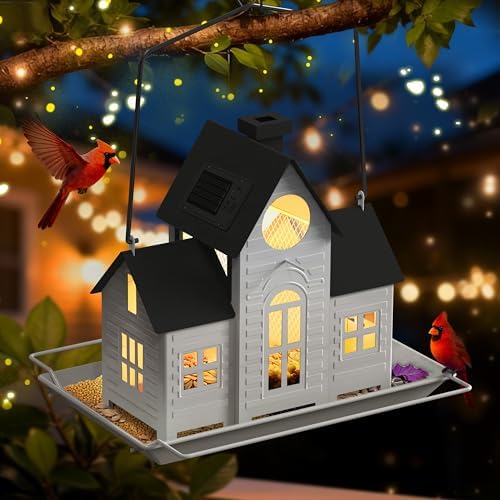 Solar Bird Feeders for Outdoors Hanging,Metal Cardinal Bird House Feeder with Solar Powered Lantern Light,Wild Cardinal Birdfeeder Waterproof Decor for Garden Yard Outside,Gift for Grandma Mom - Image 4