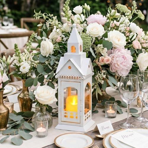 TRIROCKS Rustic Style Metal Candle Lantern 13'' High Decorative Outdoor Lantern Candle Holder with Tempered Glass House Shape for Home Living Room Garden Patio Parties Indoors Outdoors (White) - Image 4