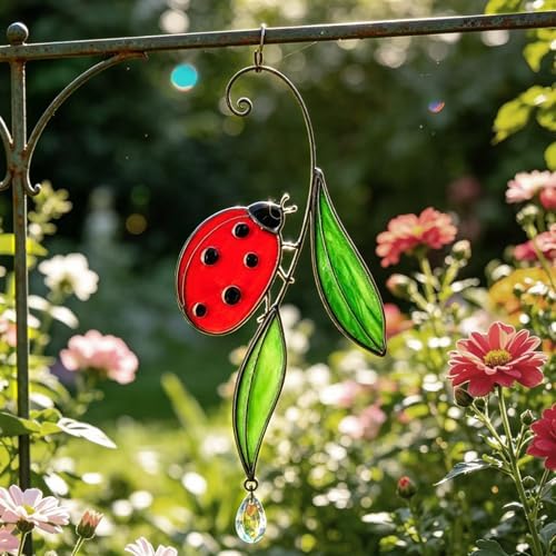 Handmade Real Stained Glass Ladybug Suncatcher, Red Ladybug on Green Leaves ，Window Hanging or Wall Hanging Art Decor,Crystal Bead Accent, Nature-Inspired Home Decor, Indoor & Outdoor Garden Ornament - Image 2