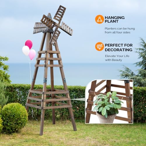 Wooden Windmill, Weather-Proof Wind Spinner, Outdoor Wind Mill for Garden Lawn Patio Decoration (Carbonized, Medium) - Image 5