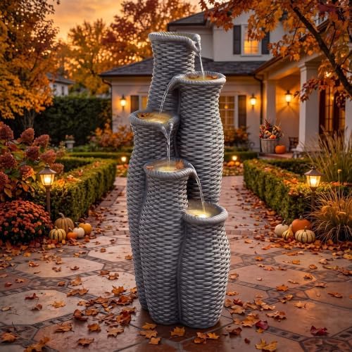 AUTODAYA 33" H Outdoor Water Fountain, 5-Tier Faux Rattan Vase Waterfall - Image 3