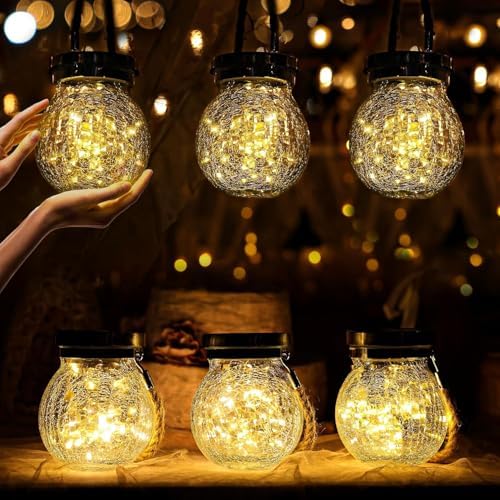 Cooo 4 Pack Gifts for Him Her Solar Lanterns Outdoor Waterproof Heavy Crackle Glass 30 LED Warm Firefly Lights Solar for Women Mom Grandma Outdoor Table Lamps Garden Yard Decor by Cooo