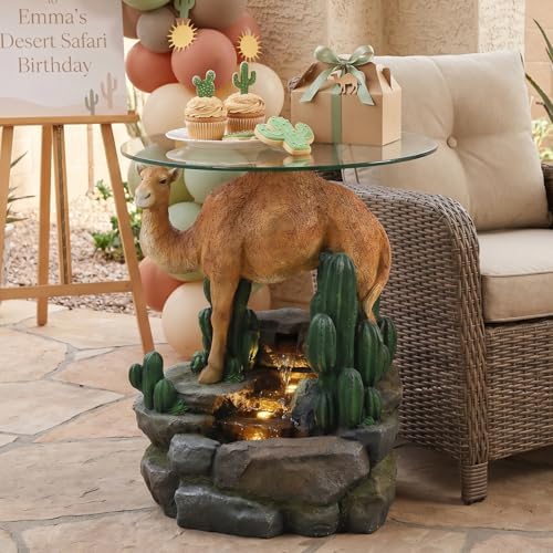 Modern Indoor Water Fountain with Glass Table, 22.8" H Outdoor Water Fountain LED Lighted Camel Fountain with Table, Water Feature for Garden, Deck, Living Room, Bedroom, Office Décor by waterfountain