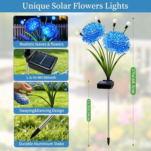 Solar Firefly Lights Outdoor Waterproof, 4 Pack Blue Solar Flowers Swaying Lights With Flowers, Flower Light Garden Decor for Outside Yard Patio Halloween Christmas, Gifts for Women Grandma - Image 2