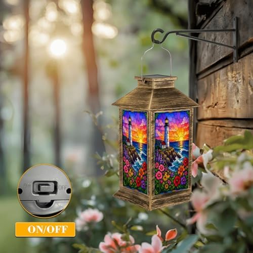 Solar Lantern Outdoor Waterproof Colorful Stained Glass Lighthouse Ocean Waves Sunset Flowers Garden Decor LED Hanging Solar Lights Tabletop Lamp Gifts for Women Mom Outside Yard Patio Porch - Image 5