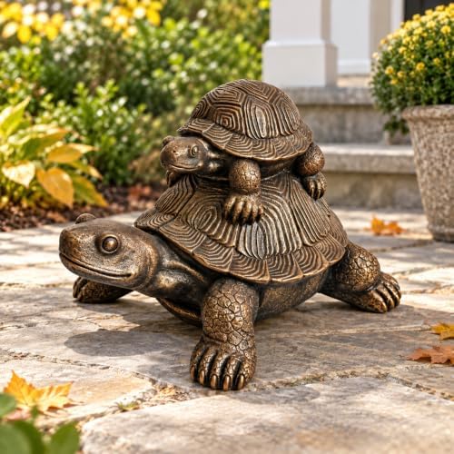 19" Bronze Resin Turtle Statue, Mother Baby Tortoise Yard Garden Decor - Image 4