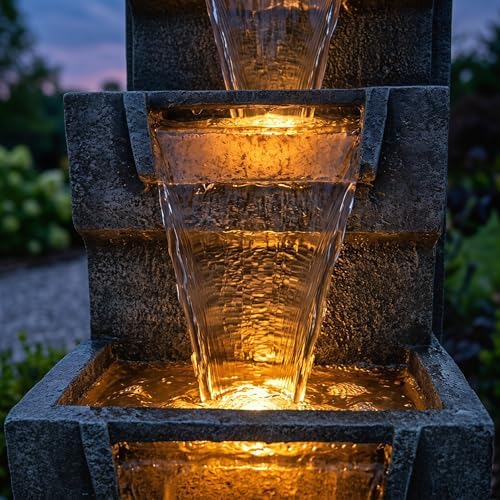 39.37 Inch Outdoor Water Fountain, 4 Tier Resin Cascading Water Feature with Warm LED Lights, Quiet Pump for Patio Garden Porch - Image 6