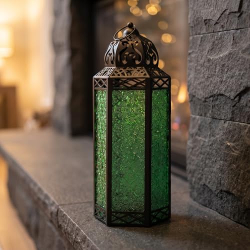 Vela Lanterns Decorative Indoor Candle Holder Table Centerpieces - Moroccan Hanging Outdoor Patio & Porch Home Decor, Turkish Floor Lamp for Wedding, Ramadan (Extra Large 16", Green Glass) - Image 6