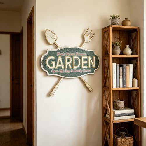 Vintage Metal Garden Sign, Distressed Green Wall Decor with Shovel & Fork Design, Rustic Farmhouse Wall Art for Outdoor Porch, Patio, 18.11” × 16.54” - Image 5