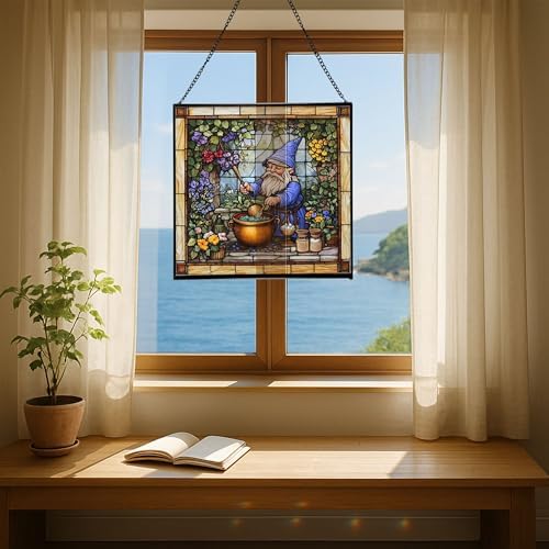 Gnome Making soap Stained Glass Suncatcher – Square Hanging Window Panel for Home, Garden, Nursery, Halloween, Christmas, Memorial Day – Whimsical Glass Art Gift for Gnome Lovers 03xua6 - Image 6
