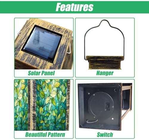 Solar Lantern Leaf Vine Stained Glass Teal Green Mosaic Style Outdoor Waterproof Hanging Solar Light Outside Lights for Patio Yard House Lawn Decor Birthday Gifts for Women Mom - Image 3