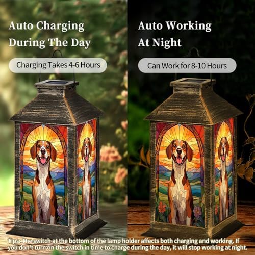 Solar Lantern Stained Glass Beagle Dog Sunset Floral Accents Vintage Flowers Outdoor Waterproof Hanging Solar Light Outside Lights for Patio Yard House Lawn Decor Birthday Gifts for Women Mom - Image 4
