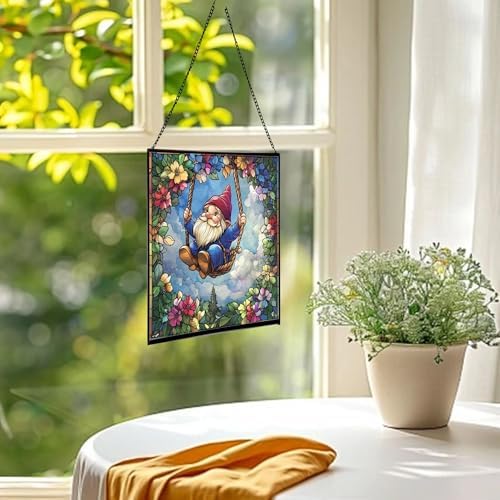 Wreath Swing Gnome Stained Glass Suncatcher – Square Hanging Window Panel for Home or Greenhouse – Whimsical Glass Art Gift for Garden Lovers, Christmas, Halloween, Father Days u0rdBM - Image 3