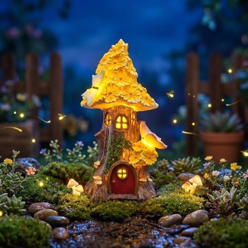 COWOS Mushroom House Statue, Mushroom Fairy Garden House with Solar Light, for Women's Yard Decorations, Gardening Gifts for Patio by COWOS