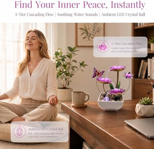 Tabletop Fountain,Indoor Water Fountain,Home Fengshui Décor Zen Relaxation Soothing Sound Machine for Office,Living Room,or Bedroom,Purple Lotus & Butterfly,9.1inch - Image 4