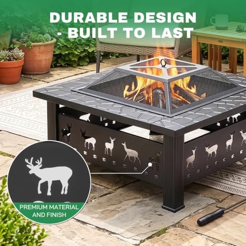 Outvita Outdoor Fire Pit, 32 Inch Square Firepit Table, Elk Cutout - Image 7