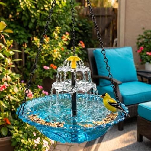 2026 New Solar Cascade Hanging Bird Bath Fountain, 3 Layers Outdoor Water Feature, Outdoor Hanging Bird Bath with Solar Fountain, with Solar Pump & Glass Bowl, for Outdoor, Gardens (Blue) - Image 2
