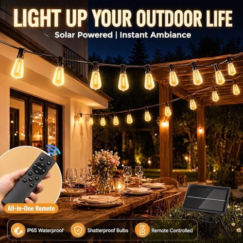Solar Lights Outdoor Waterproof: ST38 50FT 15M Patio Lights Shatterproof Bulbs - Solar Powered & USB Charging- Remote Control 3 Light Modes Dimmable Solar Light - Garden Camping Backyard - Image 2