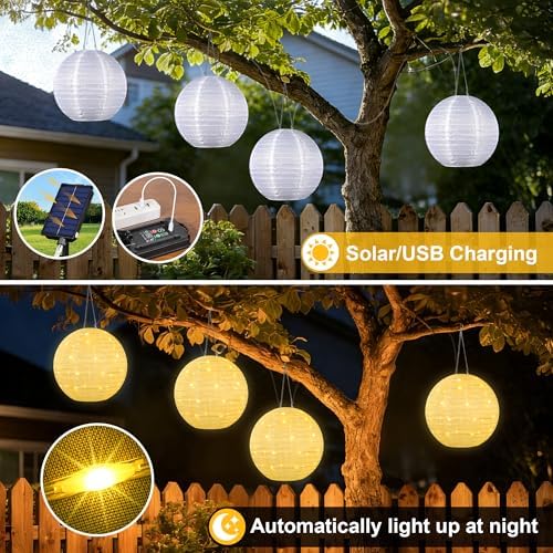 Solar Lantem String Lights Outdoor, 4 Lights 12inch Large Waterproof Hanging Lanterns with 160LED Warm White Light, USB Rechargeable Fairy Lights for Patio Garden Party Wedding Decor, 2 Pack - Image 3