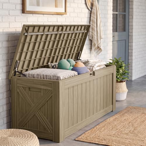 JUMMICO 120 Gallon Resin Deck Box, Large Outdoor Storage Box Waterproof & Lockable for Garden, Patio, Pools (Light Brown) - Image 4