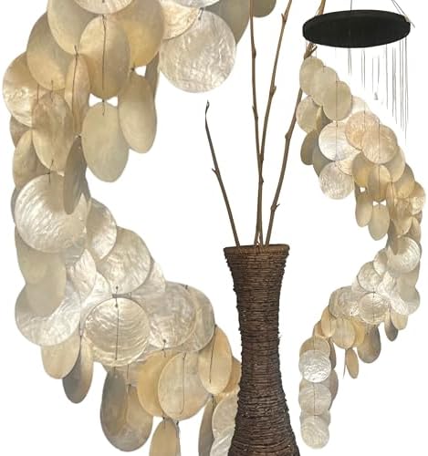 Bellaa 24537 Wind Chimes Outdoor, Garden Decorations, Musical, Indoor/Outside Windchimes, Beach, Ocean Breeze, Gifts for Mom, Gift for All Occasions, Capiz Sea Glass Shells Wood 27 inch White Gold - Image 6
