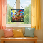 Gnome in a Wagon Ride Stained Glass Suncatcher – Square Hanging Window Panel for Home or Greenhouse – Whimsical Glass Art Gift for Garden Lovers, Christmas, Halloween, Father Days KkTJmY - Image 5