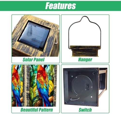 Solar Lantern Colorful Macaw Parrot Stained Glass Style Tropical Leaves Wildlife Art Outdoor Waterproof Hanging Solar Light Outside Lights for Patio Yard House Lawn Decor Birthday Gifts for Women Mom - Image 3