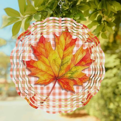 12 Inch Maple Leaves Fall Wind Spinner for Yard and Garden, Thanksgiving Checkered Farmhouse Art Hanging Ornaments Outdoor 3D Kinetic Wind Sculpture Spinners Indoor Outdoor Patio Décor Ornaments Gift - Image 2