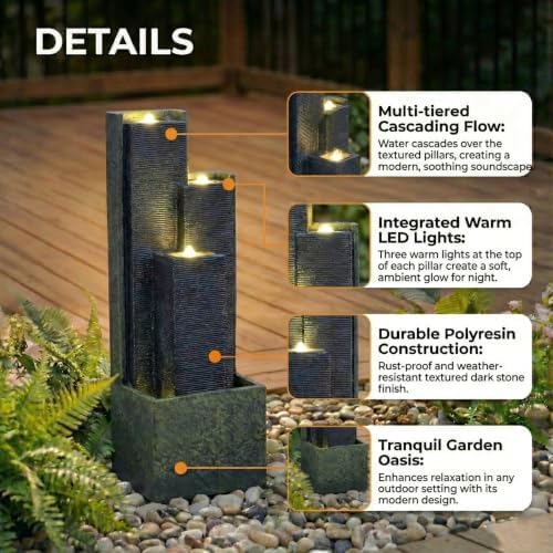 39''H Modern Cascading Outdoor Water Fountain with LED Lights - Image 4